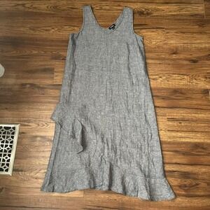 Womens Blue Linen Maxi Dress Ruffle Hem Medium Boho Beach Coastal Summer Holiday